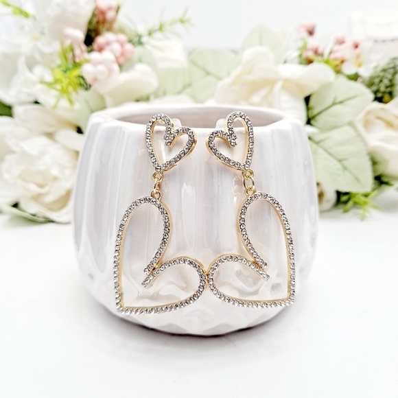 Gold Hoop chunky earrings dangle rhinestone Hearts Romantic statement 💖2/$30 - Picture 7 of 16